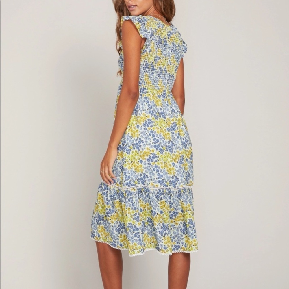 Lost + Wander Smocked Bodice S/S Blossom & Bloom Blue Yellow Floral Dress Sz L — image 3 of 8